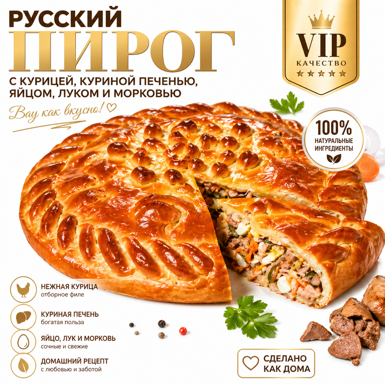 Русский пирог с курицей, куриной печенью, яйцом, луком и морковью