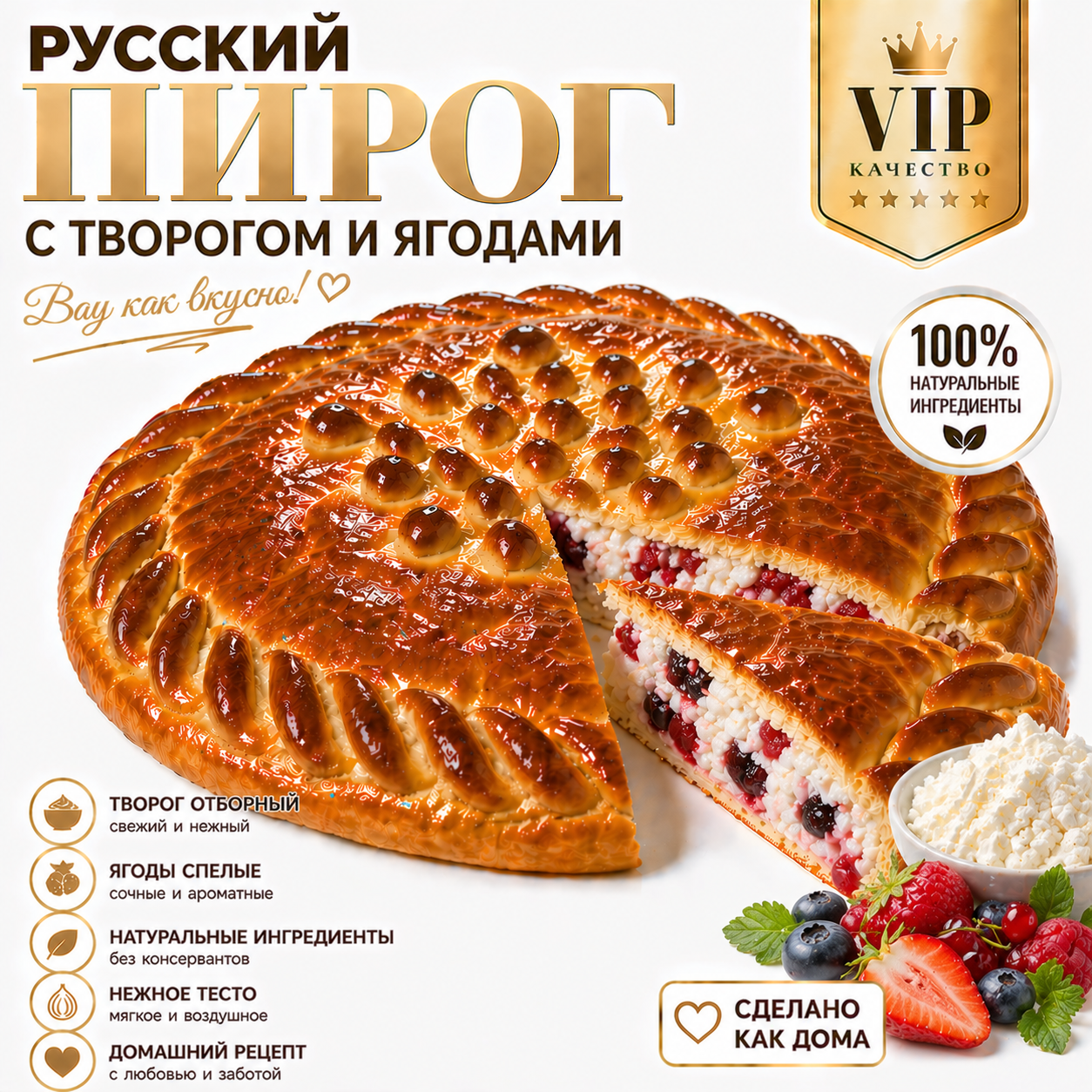 Русский пирог с творогом и ягодами