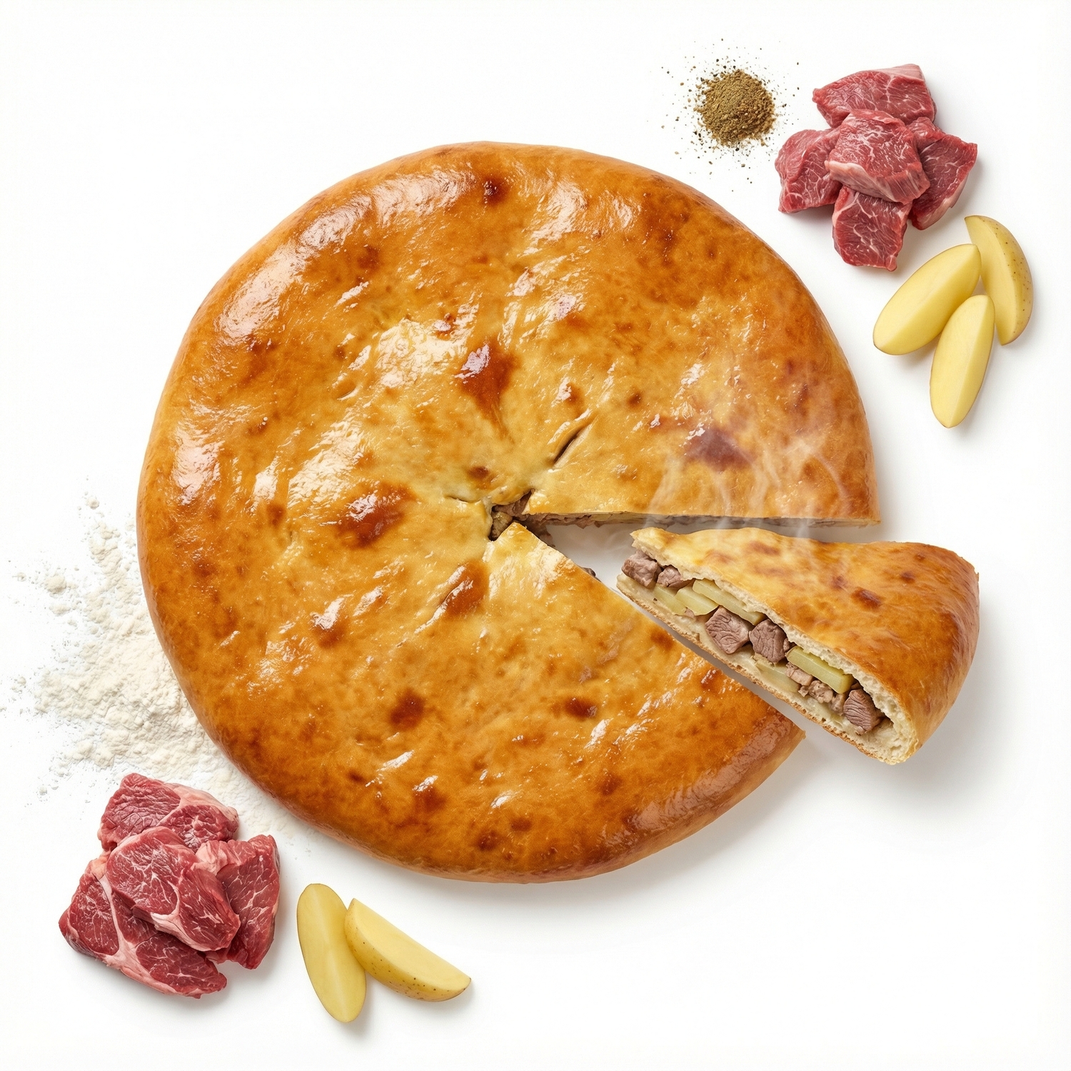 Осетинский пирог на сдобном дрожжевом тесте с мясом и картофелем