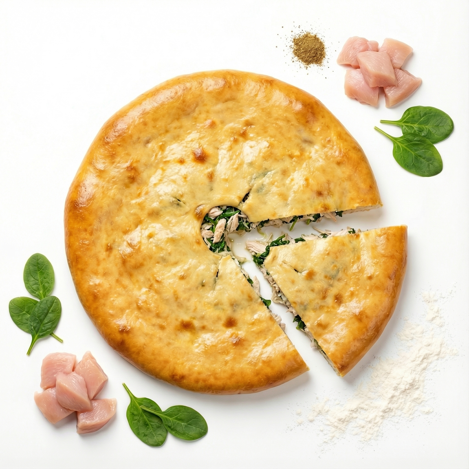 Осетинский пирог на сдобном дрожжевом тесте с курицей и шпинатом