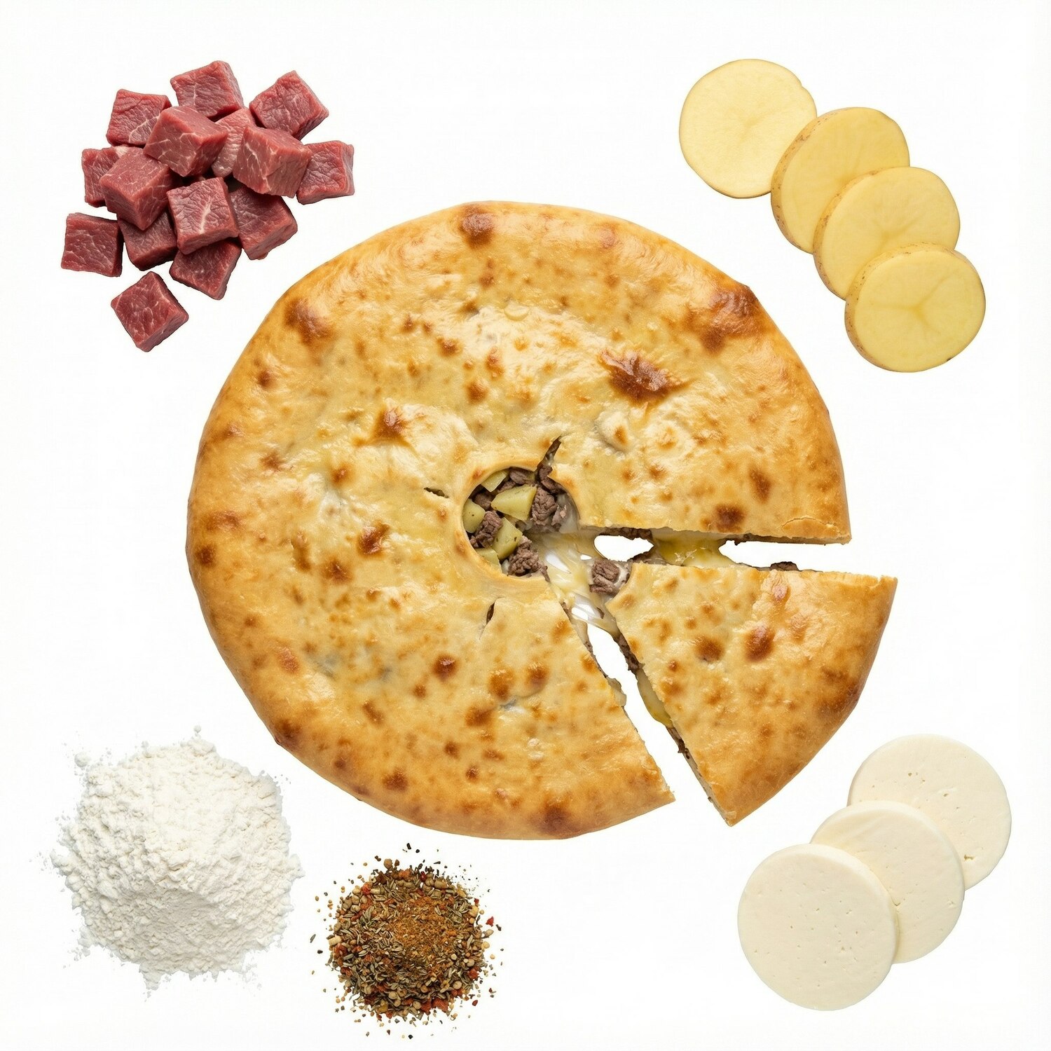 Осетинский пирог на сдобном дрожжевом тесте с мясом, картошкой и сыром