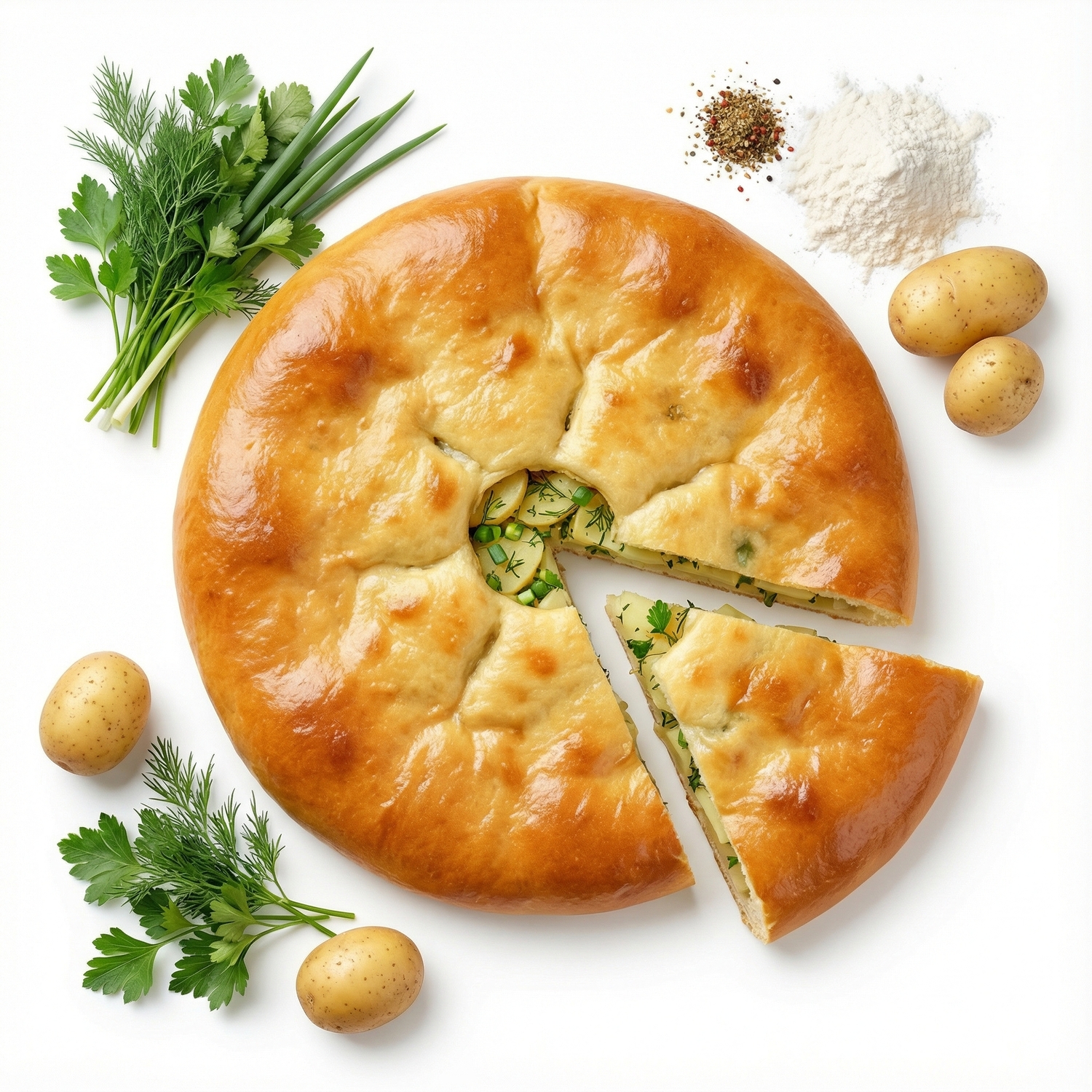 Осетинский пирог на сдобном дрожжевом тесте с картошкой и зеленью