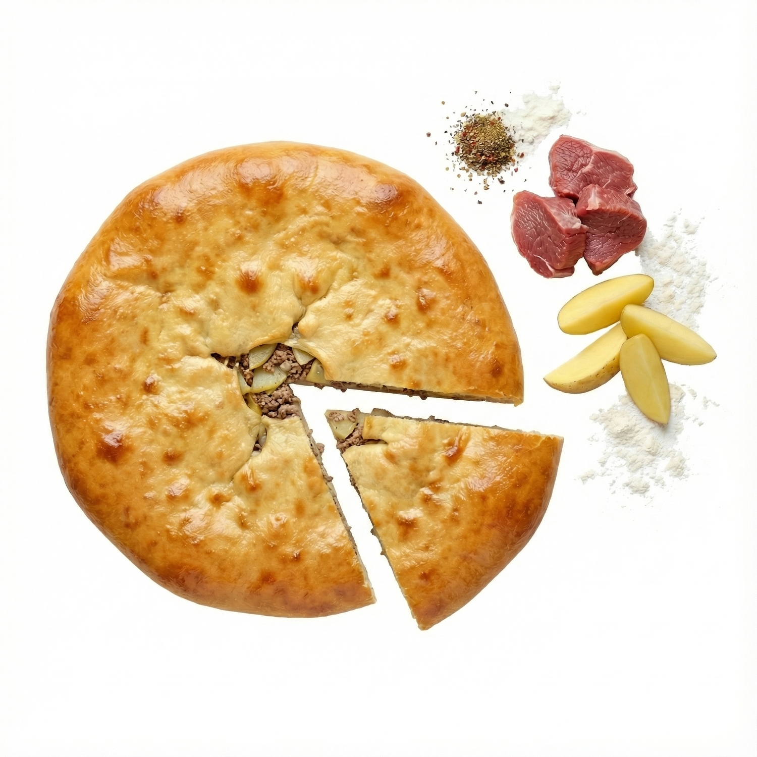 Осетинский пирог на сдобном дрожжевом тесте с мясом и картофелем