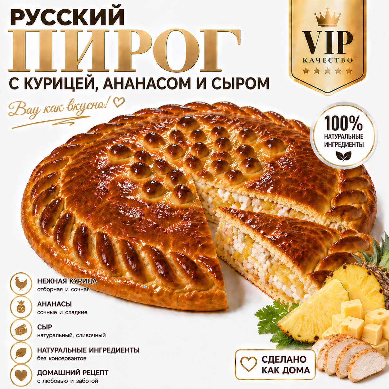 Русский пирог с курицей, ананасом и сыром