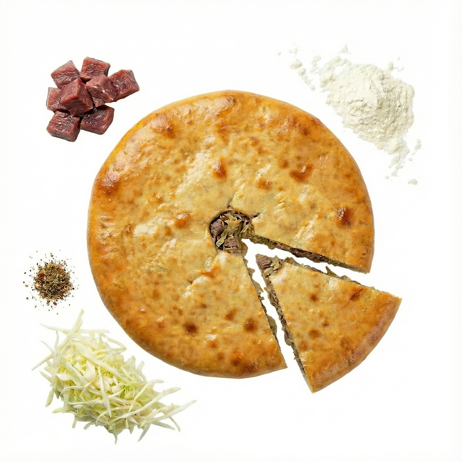 Осетинский пирог на сдобном дрожжевом тесте с капустой и мясом