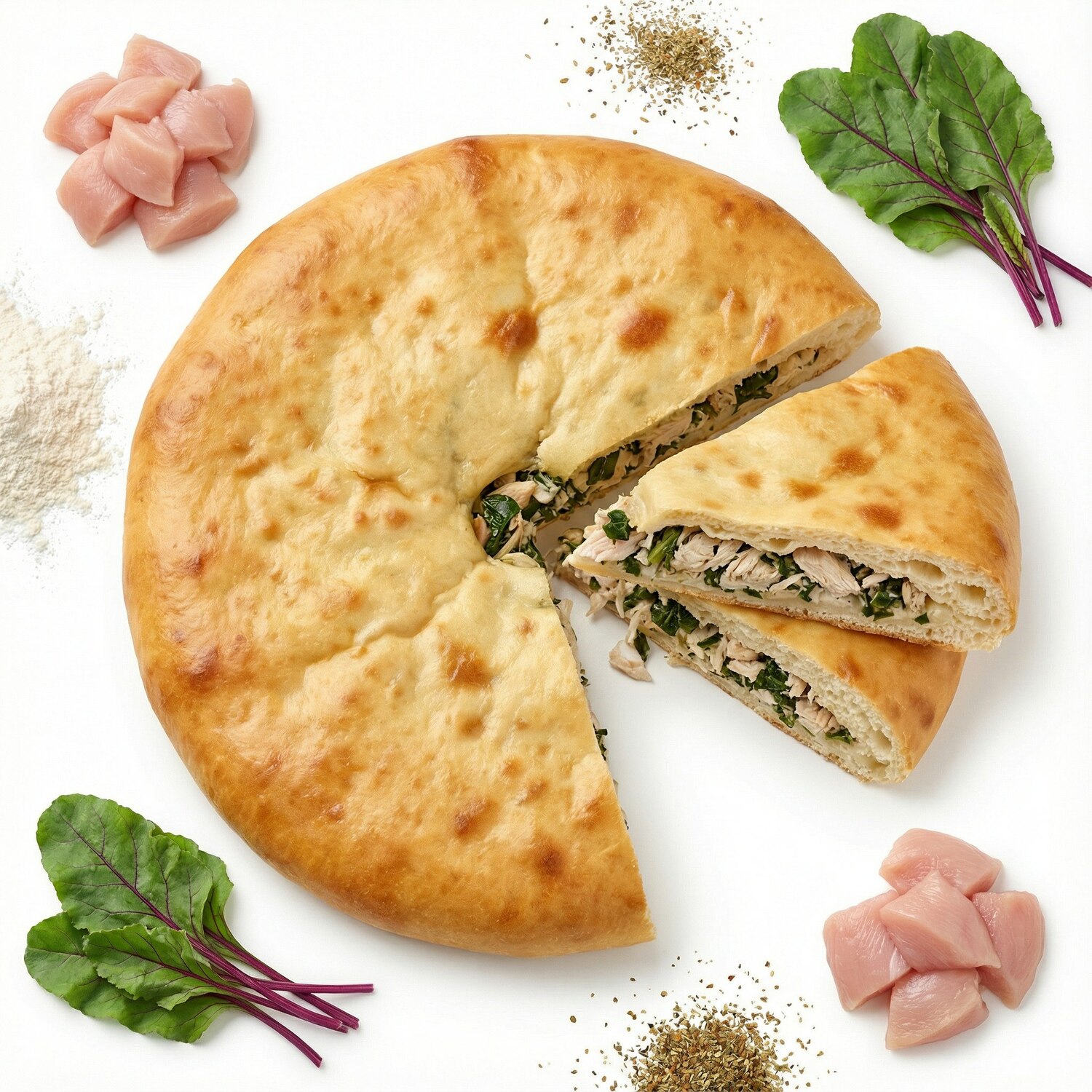 Осетинский пирог на сдобном дрожжевом тесте с курицей и свекольной ботвой