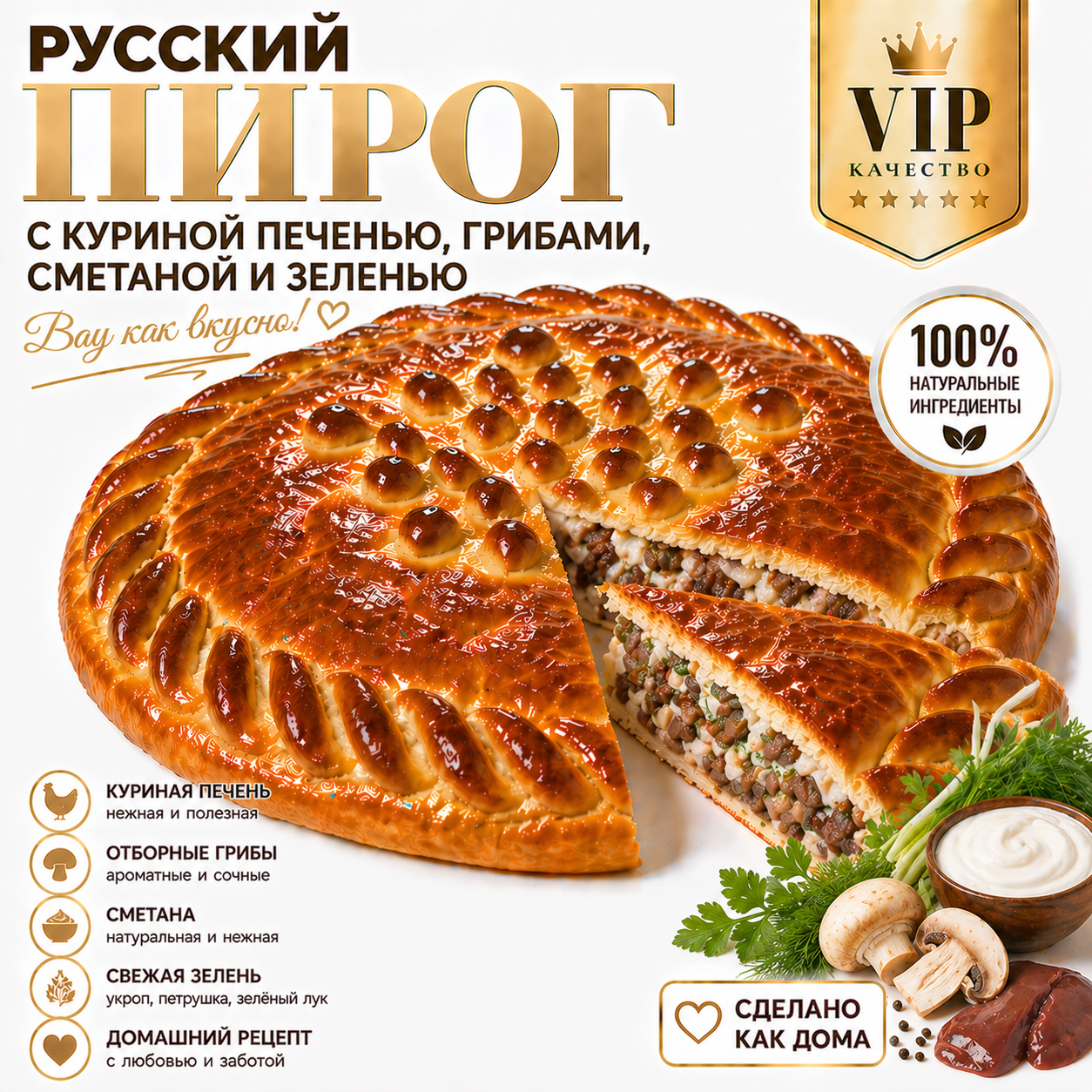 Русский пирог с куриной печенью, грибами, сметаной и зеленью