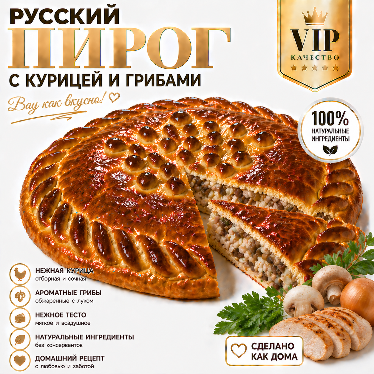 Русский пирог с курицей и грибами