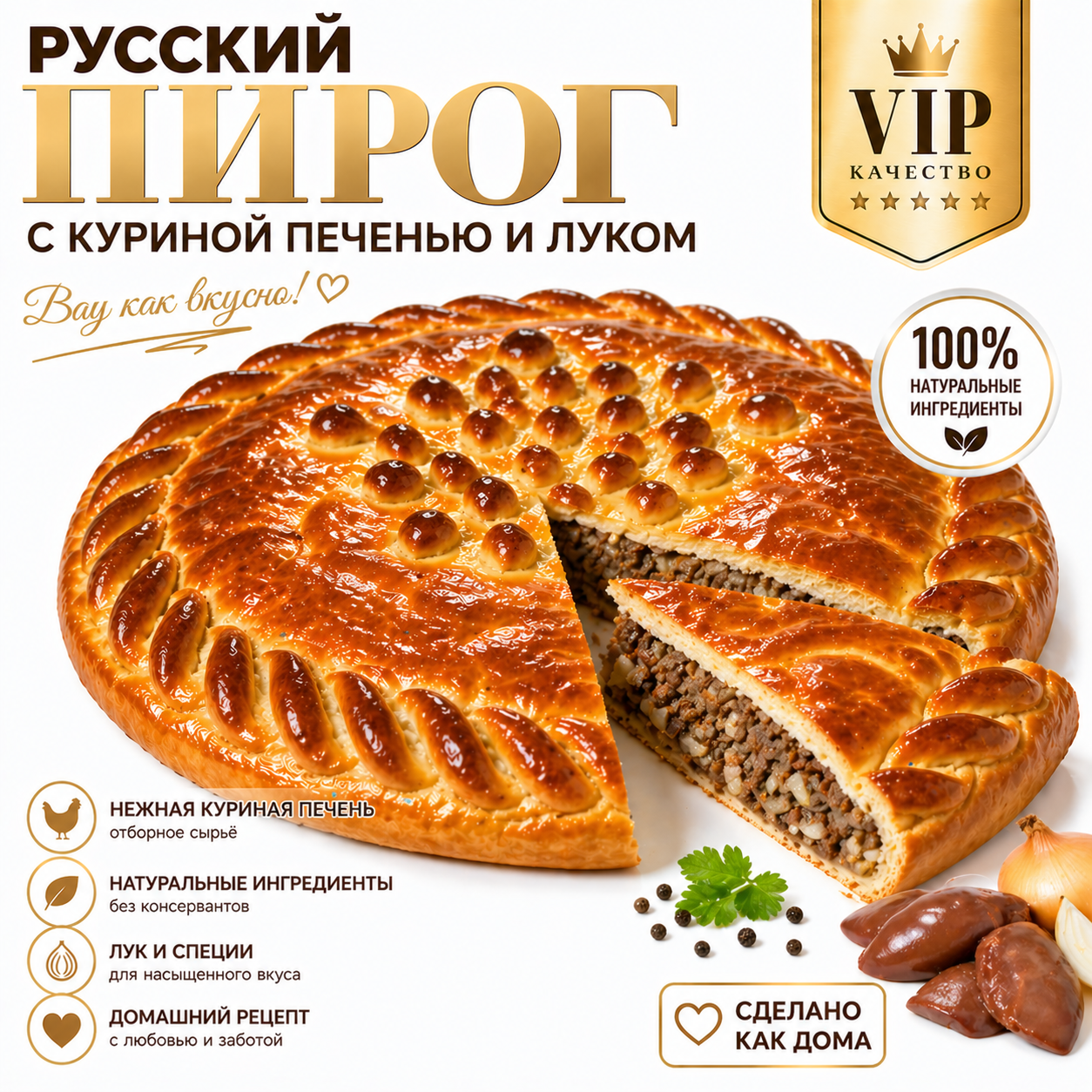 Русский пирог с куриной печенью и луком